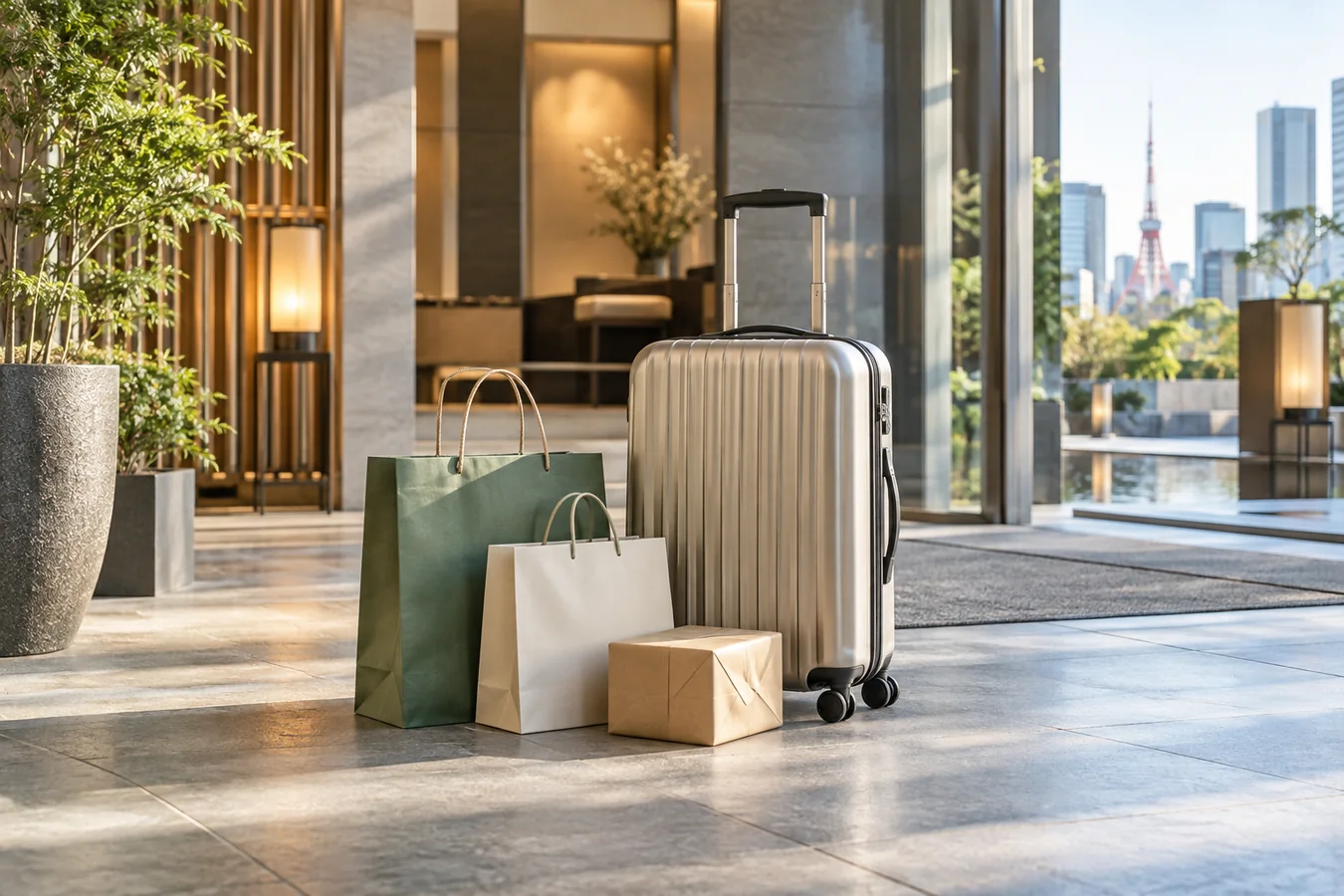 Maleta, bolsas de compras y paquete preparados para entrega en un hotel de Tokio